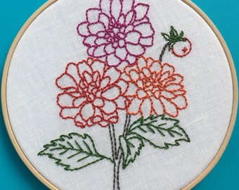 Dahlias embroidery PDF pattern by mlmxoxo.  modern embroidery. floral. diy tutorial.  learn to embroider.  beginner embroidery.  digital PDF
