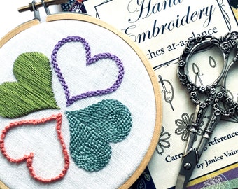 Embroidery Sampler.  beginner embroidery kit.  Learn to Embroider.  Hearts.  embroidery tutorial.  how to embroider.  diy kit.  mlmxoxo