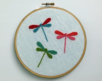 Hand Embroidered Dragonfly.  6" hoop.  nursery decor.   nature lover's gift.  hand embroidery.  hoop art.  modern embroidery by mlmxoxo.