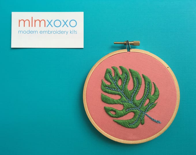 Hand Embroidered Tropical Leaf.  4" hoop.  Monstera Plant Leaf.  modern embroidery by mlmxoxo.