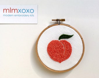 Hand Embroidered Peach.  4" hoop.  hand embroidery.  fruit.  kitchen decor.  house warming gift.  hoop art.  modern embroidery by mlmxoxo.