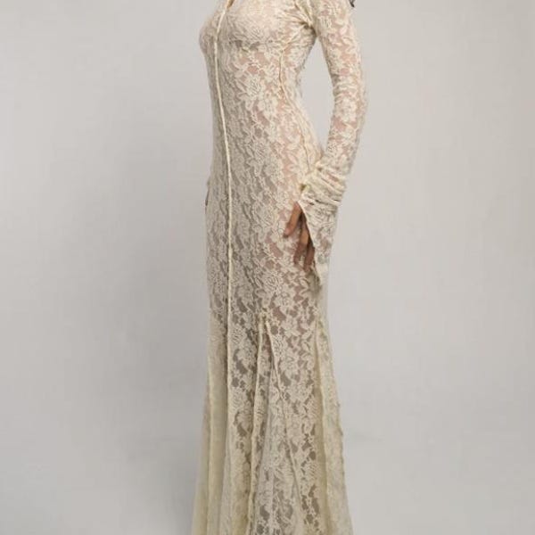 Vestido de novia largo de encaje color crema / Vestido de novia de estilo vintage, hecho a medida.