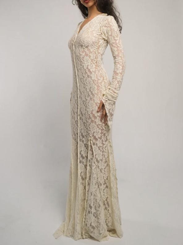 knee length dresses for ladies Between Two Worlds Vintage Lace Maxi Dress in Ivory Ivory / L main image 1