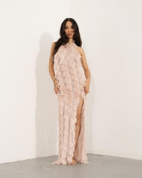 Blush Pink Fringe Maxi Dress: Boho Halter Backless Trumpet Gown