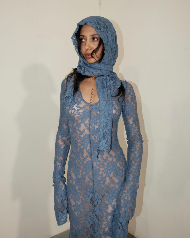 Handmade Blue Floral Lace Maxi Dress | Vintage Occasion Wear, Custom Fit UK image 6