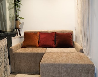 Custom Modular Sofa – Modern Vintage Velvet Chenille Two-Seater with Ottoman, Bespoke Made to Order