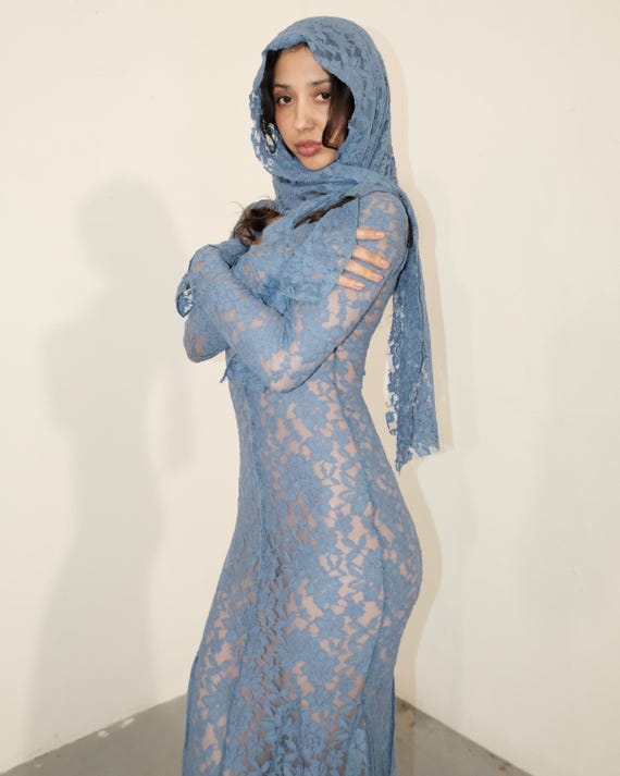 Handmade Blue Floral Lace Maxi Dress | Vintage Occasion Wear, Custom Fit UK