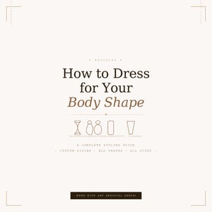 Op de afbeelding: Een crèmekleurige afbeelding met de tekst "How to Dress for Your Body Shape". Onder de titel staan vier illustraties van lichaamsvormen: zandloper, peer, rechthoek en driehoek. De tekst "A Complete Styling Guide" is ook aanwezig.