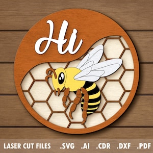 Honing SVG, lasergesneden bestanden, glowforge-project, bijenkorf, bij, honingraten, rond welkom bord, deurhanger