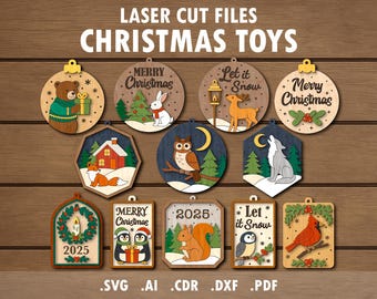 May include: Wooden Christmas ornaments with laser-cut designs. The ornaments feature various festive images, including a bear, rabbit, deer, owl, wolf, penguins, and a squirrel. The text "LASER CUT FILES CHRISTMAS TOYS" is at the top.