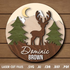 Targa con nome per neonato in formato SVG, file tagliati al laser, progetto Glowforge, cervo, foresta, montagne, decorazione rotonda per cameretta, regalo per baby shower