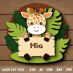 Baby name sign SVG, laser cut files, glowforge project, giraffe, tropical leaves, nursery decor, baby shower gift