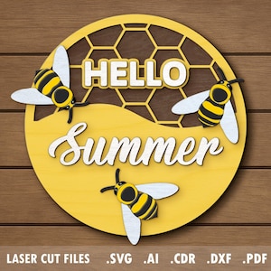 Honing SVG, lasergesneden bestanden, glowforge-project, bij, bijenkorf, honingraten, hallo zomer welkomstbord, deurhanger