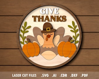 Thanksgiving SVG, laser cut files, Glowforge project, Autumn, fall, pumpkins, turkey, give thanks door hanger