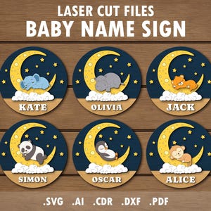 May include: Laser cut baby name signs featuring a crescent moon, stars, and a sleeping animal. Each sign has a different animal: elephant, hippo, fox, panda, penguin, and monkey. The names Kate, Olivia, Jack, Simon, Oscar, and Alice are displayed.