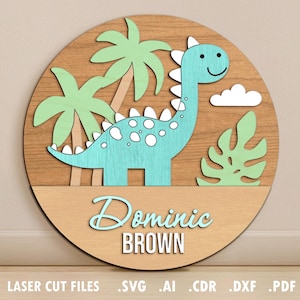 Nom de bébé SVG, fichiers découpés au laser, projet glowforge, dinosaure, décoration ronde pour chambre de bébé, cadeau de baby shower