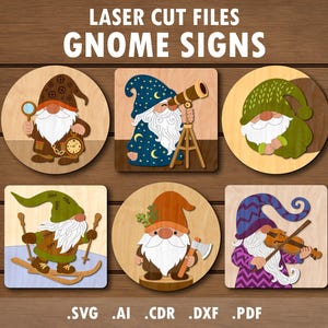 May include: Wooden laser cut gnome signs in various designs. The signs are round and square, featuring gnomes with magnifying glasses, telescopes, skis, axes, and violins. The signs are on a wooden background with the text "LASER CUT FILES GNOME SIGNS".