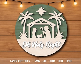 Kerstbord SVG, lasergesneden bestanden, Glowforge-project, Heilige Nacht, geboorte, deurhanger, kerstwelkomstbord