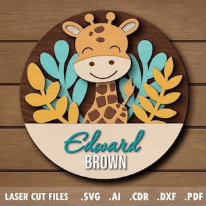 Baby name sign SVG, laser cut files, glowforge project, giraffe, nursery round decor, baby shower gift