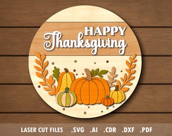 Thanksgiving SVG, laser cut files, Glowforge project, Autumn, fall, pumpkins, round door hanger