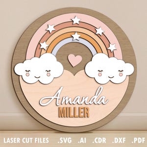 Letrero con nombre de bebé SVG, archivos cortados con láser, proyecto Glowforge, arcoíris, nubes, decoración redonda para guardería, regalo para baby shower