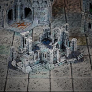 Peut inclure: Une ruine en pierre miniature avec un schéma de couleurs gris et bleu. La ruine est faite de petits blocs rectangulaires et a une variété de formes et de tailles. La ruine est un excellent ajout à tout jeu de table ou collection de miniatures.