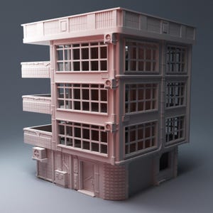 May include: A light pink, multi-story building model with multiple windows, balconies, and air conditioning units. The building has a flat roof and a detailed facade, showcasing a modern architectural design. The model is set against a neutral background.