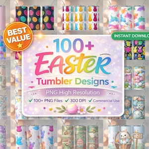 Pode incluir: Uma coleção de designs de canecas com tema de Páscoa. A imagem apresenta várias canecas com padrões coloridos, incluindo coelhos, ovos e desenhos florais. O texto "100+ Easter Tumbler Designs" é exibido de forma proeminente.