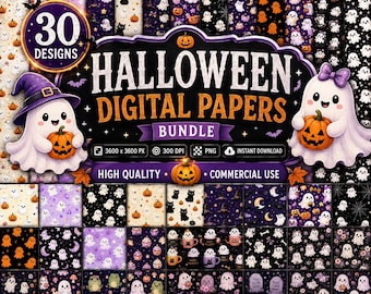 May include: A digital paper bundle featuring 30 Halloween-themed designs with ghosts, pumpkins, black cats, and bats in purple, orange, and black. The text reads 30 DESIGNS, HALLOWEEN DIGITAL PAPERS BUNDLE, 3600 x 3600 PX, 300 DPI, PNG, INSTANT DOWNLOAD.
