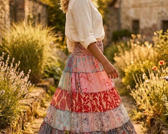 Gonna lunga patchwork in sari riciclato – Abbigliamento da festival boho