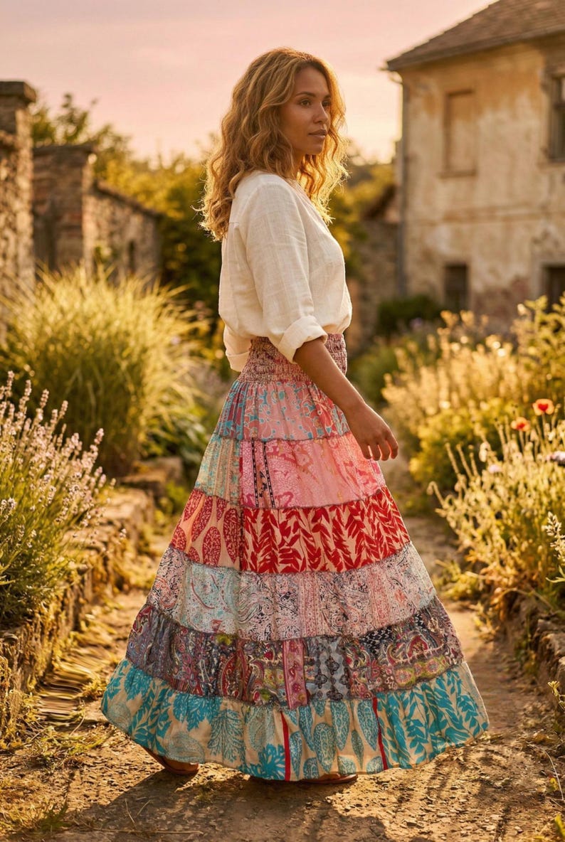 Gonna lunga patchwork in sari riciclato – Abbigliamento da festival boho immagine 1