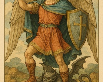 Pode incluir: Ilustração vintage do Arcanjo Miguel, segurando uma espada e um escudo com uma cruz, em pé sobre um demônio. O arcanjo veste uma túnica vermelha, capa azul e botas marrons. O texto "ARCHANGEL MICHAEL" está na parte inferior.