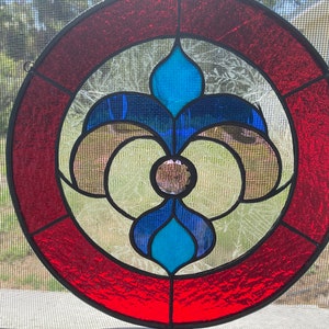 Vintage Stained Slag Glass Window Panel With Jewel Center of Design Free Shipping