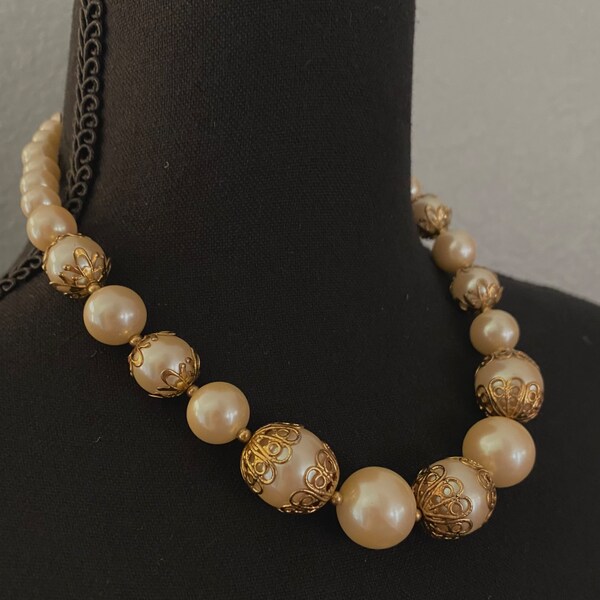 Vintage Faux Pearl Necklace With Gold Tone Filigree