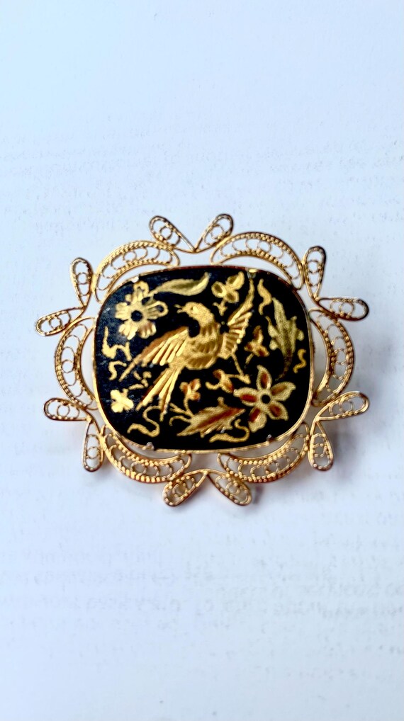 Vintage Spanish Damascene Brooch - Bird and Floral Motif