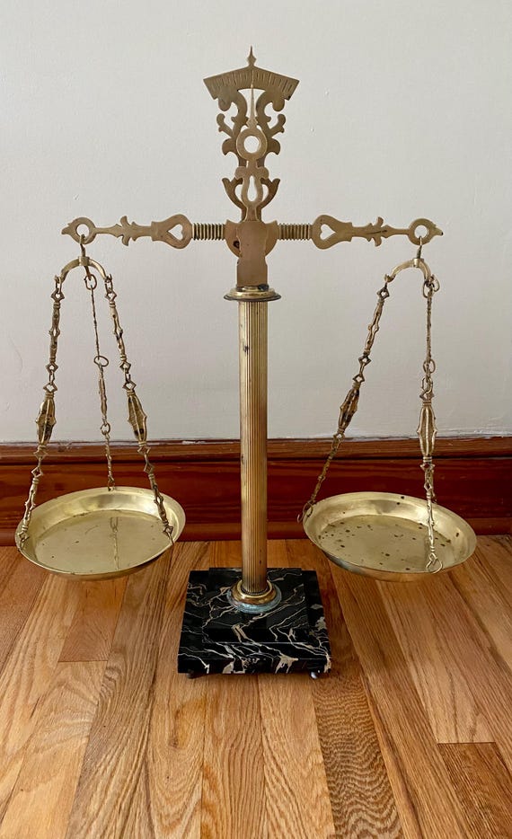 Vintage Brass Scale of Justice with Italian Marble Base: Marked Made in Italy
