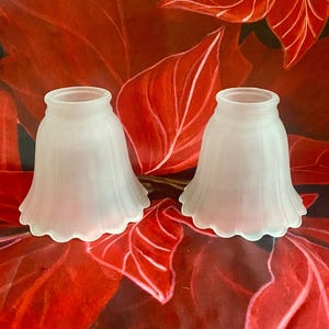 May include: Two frosted glass lamp shades with a scalloped edge. The shades have a tulip shape and are set against a red floral background. The shades are a soft white color.