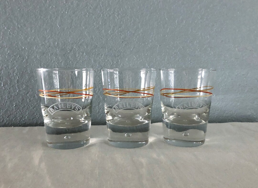 Three Vintage Bailey's Bubble Bottom Highball Glasses Gold and Tan