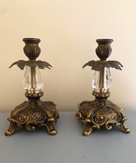 ヴィンテージ バロック 真鍮＆クリスタル キャンドルホルダー