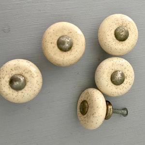 Vintage Mushroom Drawer Pulls: Speckled Ivory Porcelain with Brass Shafts