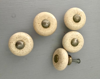 Vintage Mushroom Drawer Pulls: Speckled Ivory Porcelain with Brass Shafts