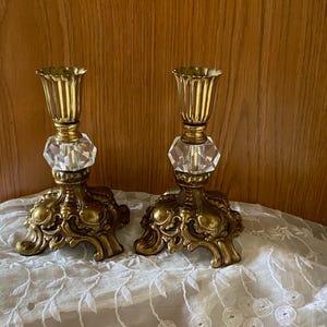 Vintage Brass Baroque Crystal Candle Holders - Italian Set of Two