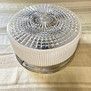Vintage Art Deco Geometric Crystal Patrern  Light Fixture: Frosted and Clear Glass Flush Mount Fixture