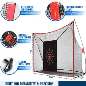 May include: A golf practice net with a black net and red trim, measuring 10 ft wide, 7 ft high, and 3 ft deep. It features a black target with a red bullseye and white lines. The text "BUILT FOR DURABILITY & PRECISION" is at the bottom.