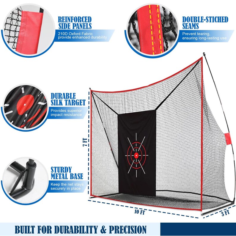May include: A golf practice net with a black net and red trim, measuring 10 ft wide, 7 ft high, and 3 ft deep. It features a black target with a red bullseye and white lines. The text "BUILT FOR DURABILITY & PRECISION" is at the bottom.