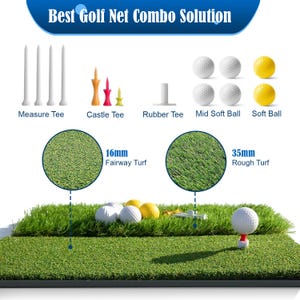 May include: A golf net combo solution with various golf accessories. The image displays white golf balls, yellow golf balls, and different types of tees, including measure tees, castle tees, and rubber tees. The text reads "Best Golf Net Combo Solution."
