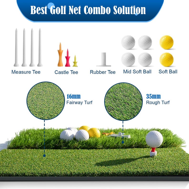 May include: A golf net combo solution with various golf accessories. The image displays white golf balls, yellow golf balls, and different types of tees, including measure tees, castle tees, and rubber tees. The text reads "Best Golf Net Combo Solution."