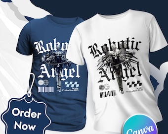Robotic Angel T-Shirt Design: Gothic Cyberpunk PNG (Digital Download, Canva Template)