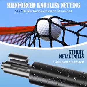 May include: A golf net with a white golf ball inside. The net is black and reinforced. The image also shows a black metal pole with the text "STURDY METAL POLES" and "Power coated to anti-rust". The text "REINFORCED KNOTLESS NETTING" is also visible.