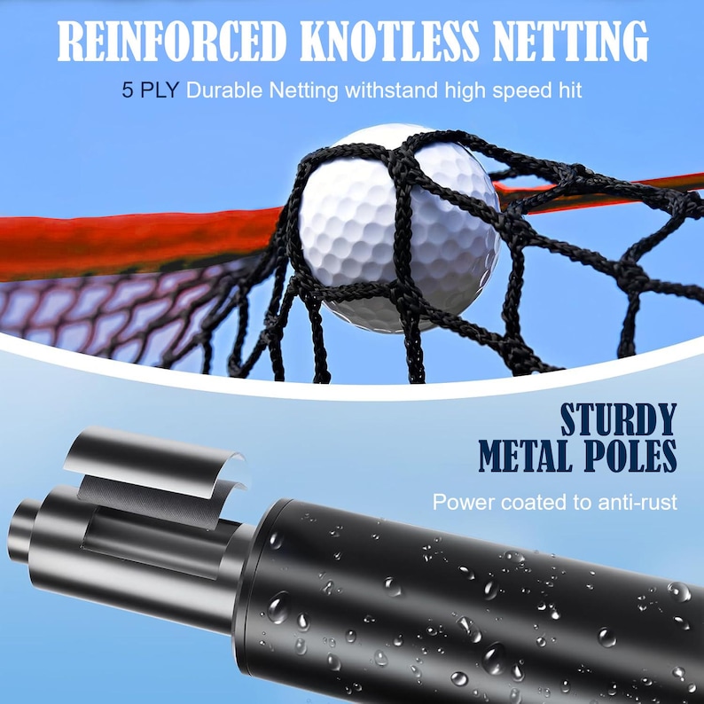 May include: A golf net with a white golf ball inside. The net is black and reinforced. The image also shows a black metal pole with the text "STURDY METAL POLES" and "Power coated to anti-rust". The text "REINFORCED KNOTLESS NETTING" is also visible.